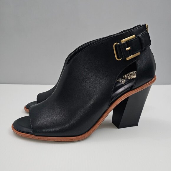 NEW Vince Camuto Fareena Ankle Bootie Women 10 Black Leather Peep Toe Block Heel - Picture 1 of 15